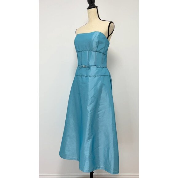 Pinky & Me Party Dress Size 14 Blue Strapless Convertible Dainty Rhinestone Bow - Picture 2 of 13